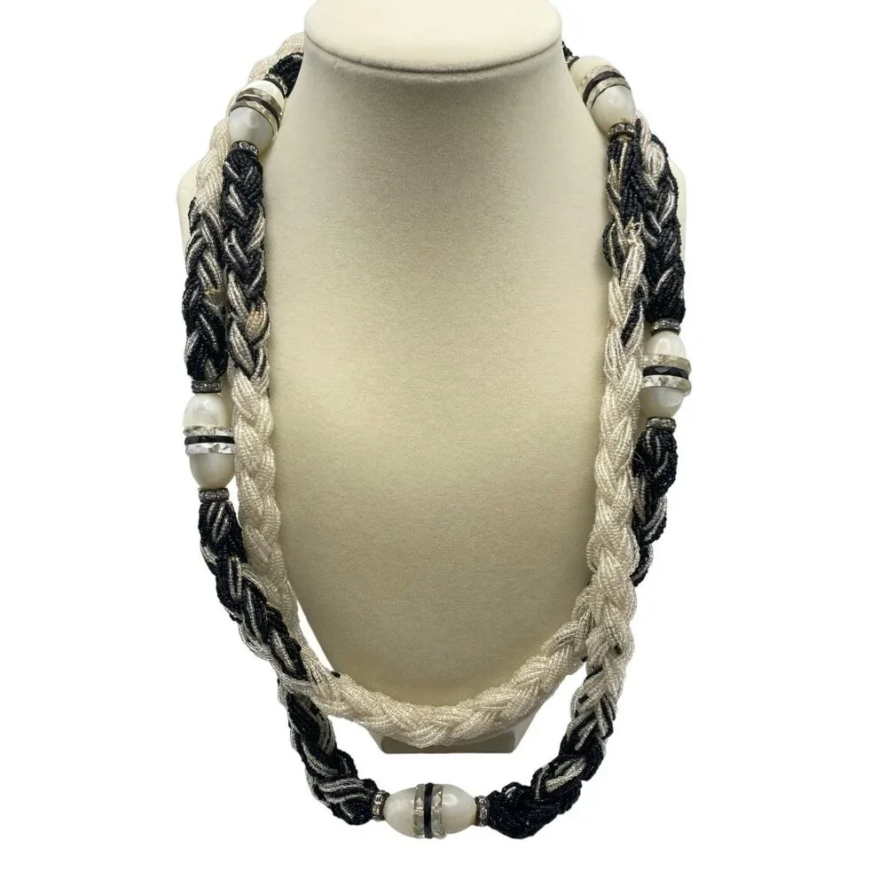 Vintage Art Deco Roaring 20s Black White Beaded Rhinestone Celluloid 50 Necklace - Picture 3 of 10
